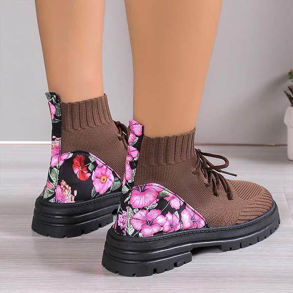 Women's Round-Toe Knit High-Top Sock Sneakers with Lace-Up Closure 14165321C
