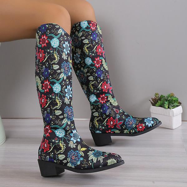 Women's Casual Ethnic Style Print Chunky Heel High Boots 87957766S