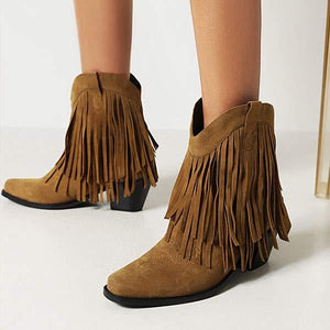 Women's Fashion High Heel Suede Low-Calf Fringe Boots 82434368C