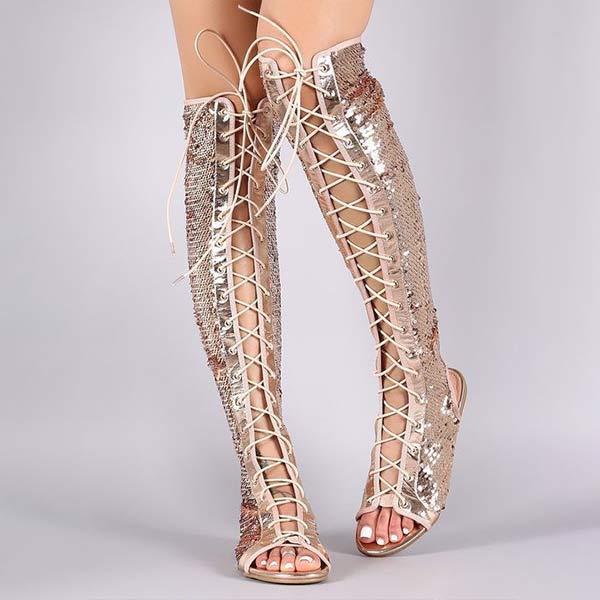 Women's High Shaft Roman Gladiator Sandals with Sparkling Cross Strap and Flat Sole 42928365C