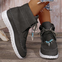 Women's Retro Casual Beaded Lace Up Flat Short Boots 17035191S