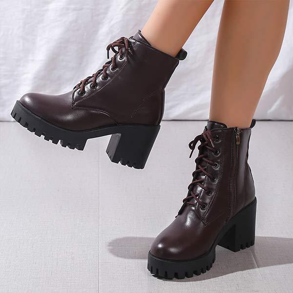 Women's Chunky High Heel Round Toe Lace-Up and Side-Zip Martin Boots 50901968C