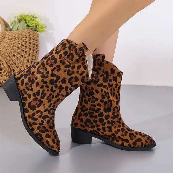Women's Chunky Heel Mid-Calf Boots with Leopard Print and Slip-On Martin Boot Style 80503150C