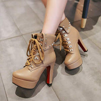 Women's Chunky Heel Thick Sole Super High Heel Lace-Up Ankle Boots 69094700C
