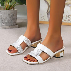 Women's Fashion Snake Print Hollow Block Heel Slippers 43506078S