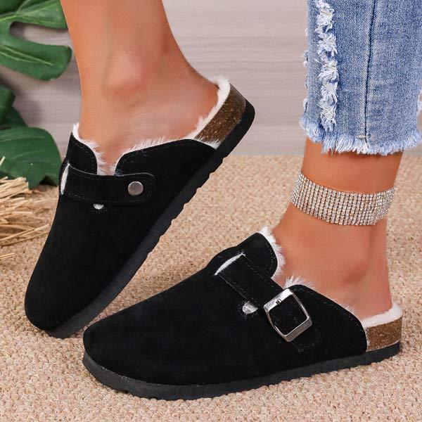 Women's Fleece-Lined Buckle Fashion Flat Slippers 60804207C