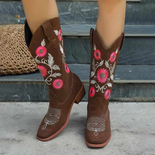 Women's Fashionable Block Heel Embroidered Western Boots 17006062S