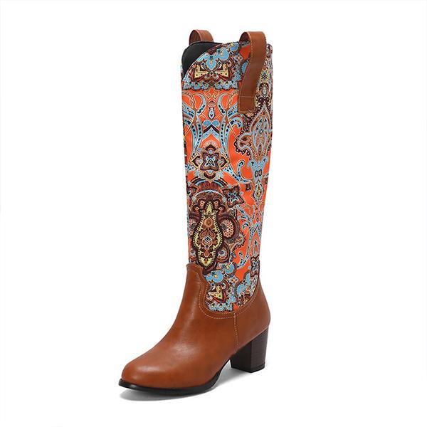 Women's Fashionable Ethnic Style Chunky Heel Knee-High Boots 48682451S