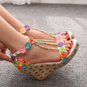 Women's Rainbow Lace Beaded Wedge Sandals 29257354S