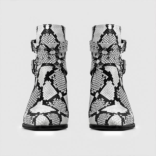 Women's Fashionable Snake Print Belt Buckle Block Heel Ankle Boots 31794216S