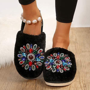 Women's Rhinestone Embellished Furry Slippers with Closed Toes 72726701C