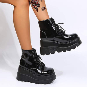 Women's Platform Platform Wedge Heel Lace-Up Black Martin Boots Gothic Boots 33646527C