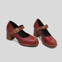 Women's Retro Contrast Color Chunk Heels Mary Jane 20333715S