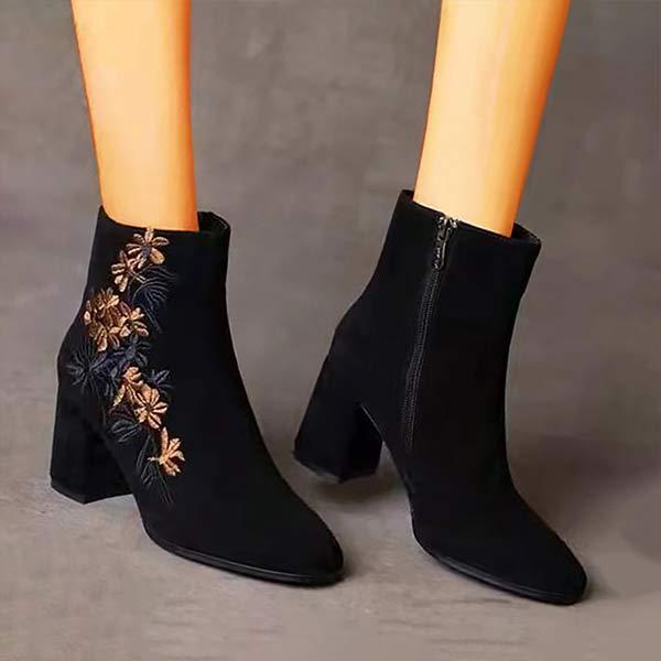 Women's Stylish Chunky Heel Embroidered Short Boots 00665402C