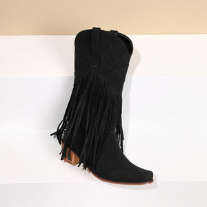 Women's Retro Tassel Chunky High Heel Pointed High Boots 95832601C