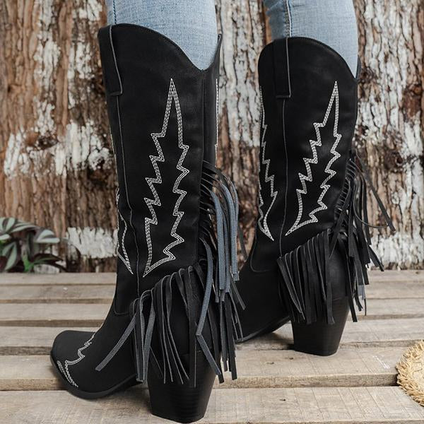 Women's Retro Embroidered Tassel Cowboy Boots 11161097S