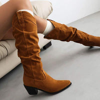 Women's Pointed Toe Chunky Heel High-Calf Boots - Vintage Suede Riding Boots 22681700C