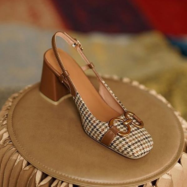 Women's Vintage Plaid Square Toe Chunky Heel Sandals 54313958S