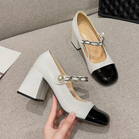 Women's Retro Pearl Chain Velcro Block Heel Mary Jane Shoes 12855498C