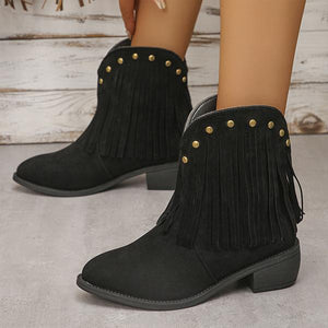 Women's Casual Tassel Studded Thick Heel Suede Short Boots 47105502S