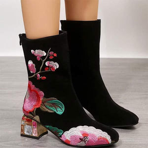 Women's Mid-Calf Vintage Martin Boots with Floral Embroidery and Chunky Heel 01369029C