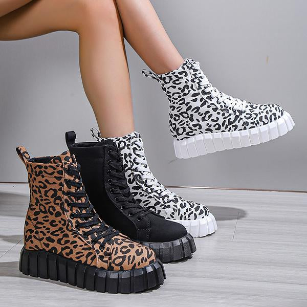 Women's Fashion Leopard Platform Lace-up Booties 99424932S