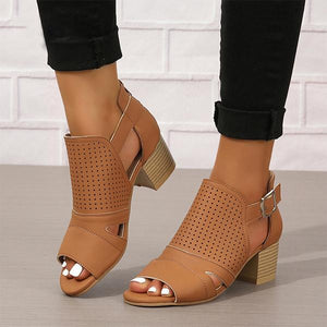 Women's Fashionable Hollow Buckle Thick Heel Fish Mouth Sandals 38913758S