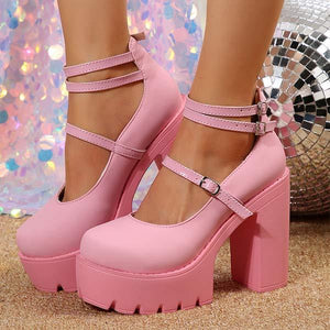 Women's Chunky Heel Platform Sandals with Ankle Strap 76091389C