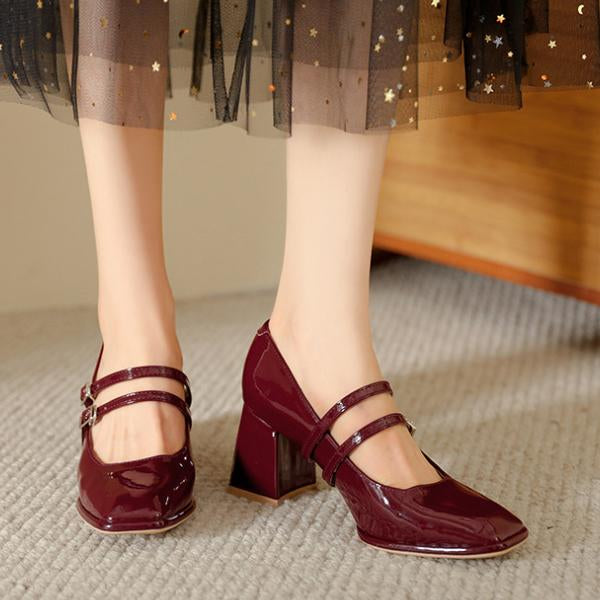 Women's Square Toe Shallow Chunky Heel Mary Jane Shoes 87199484C