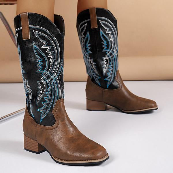 Women's Retro V-neck Embroidered Thick Heel Western Boots 70591320S