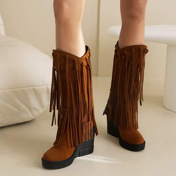 Women's Suede Knee-High Fringe Boots with Waterproof Platform and Western Heel 29788305C