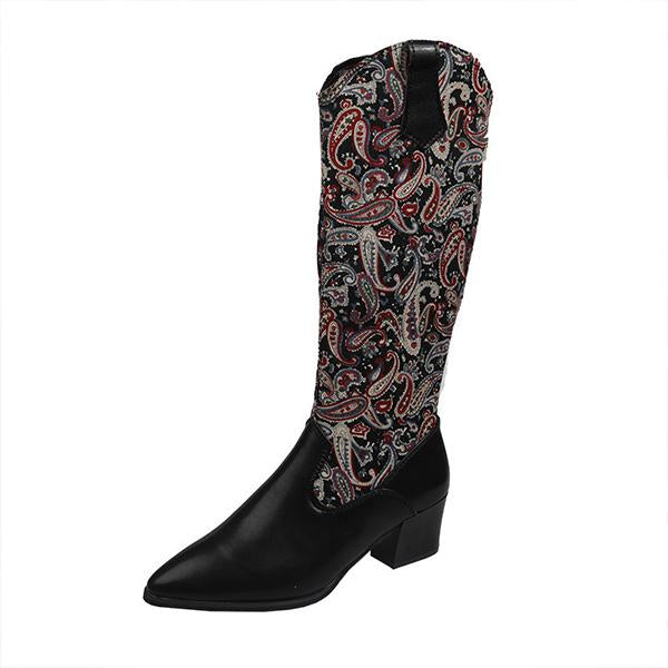 Women's Casual Ethnic Style Flower Chunky Heel High Boots 65198522S