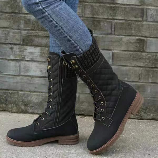 Women's Round-Toe Mid-Calf Lace-Up Cotton Boots 75266894C
