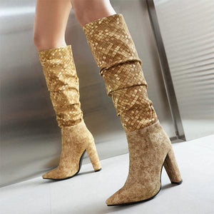 Women's Fashionable Rhombus Thick Heel Knee-High Boots 45848515S