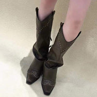 Women's Vintage Rivet Pointed Toe Thick Heel Western Cowboy Boots 36918314C