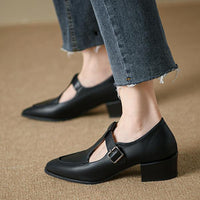 Women's Retro Pointed Toe Chunky Heel Mary Jane Shoes 35492373C