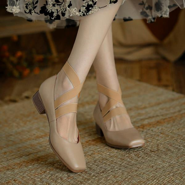 Women's Retro Square Toe Lace-Up Chunky Heels 94326419C