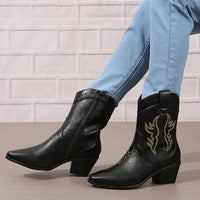 Women's Fashionable Embroidered Carved Block Heel Low Boots 70725632S