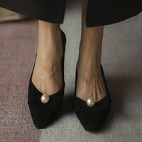 Women's Pearl Black Bow Block Heel Mary Jane Shoes 91094691S