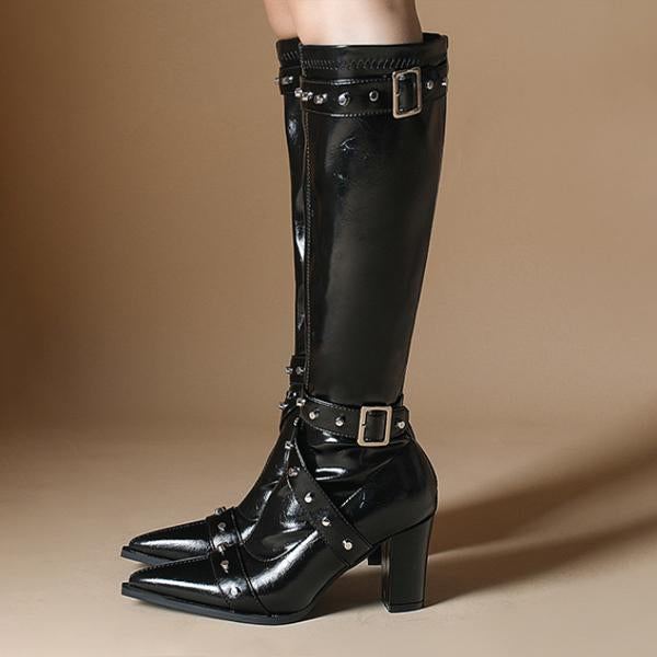 Women's Stylish Studded Pointed Toe Thick Heel Knee-High Boots 30537678S
