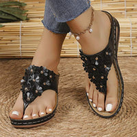Women's Studded Floral Wedge Sandals with Toe Loop 23262005C