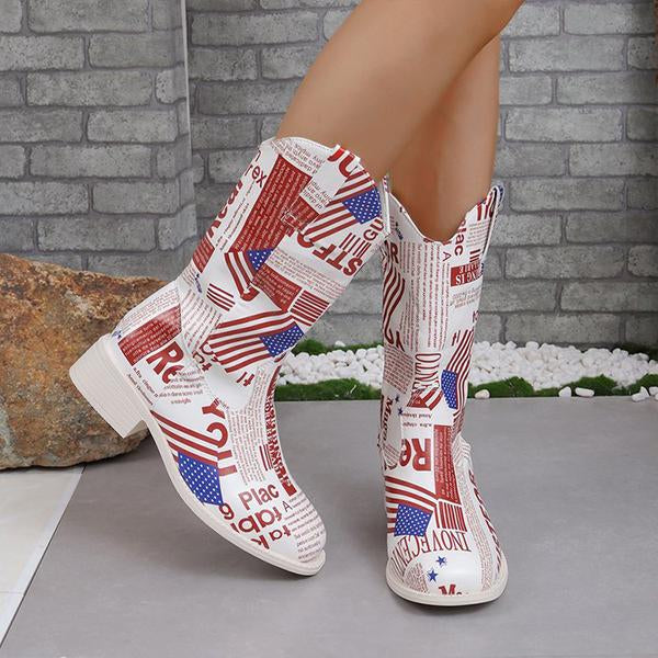 Women's Retro Printed Chunk Heel Mid-calf Boots 55530020S