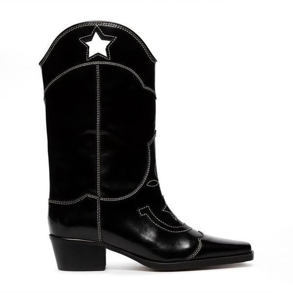 Women's Retro Hollow Star Block Heel Mid-calf Boots 66410210S