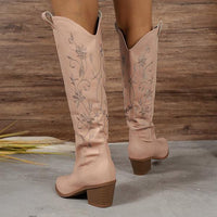 Women's Retro Embroidered Chunky Heel Knee-High Knight Boots 12396498S
