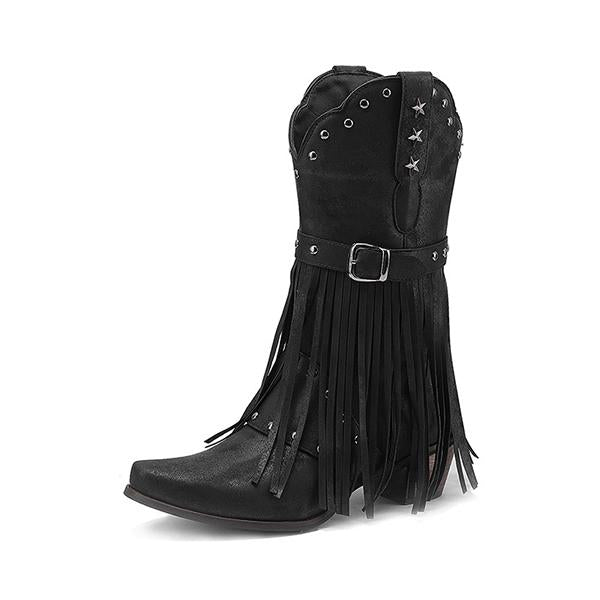 Women's Fashion Retro Tassel Rivet Mid Calf Boots 25458566S