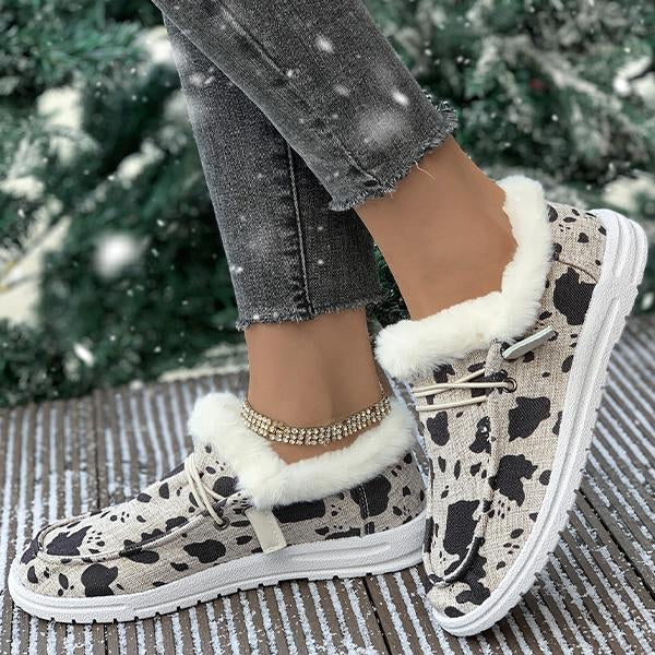 Women's Casual Cow Pattern Fur-lined Flat Shoes 57980294S