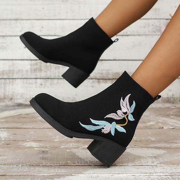 Women's Square Heel Short Boots with Embroidered Flowers 93299570C
