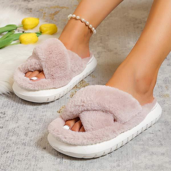 Women's Thick-Soled Cross Strap Furry House Slippers 79939470C