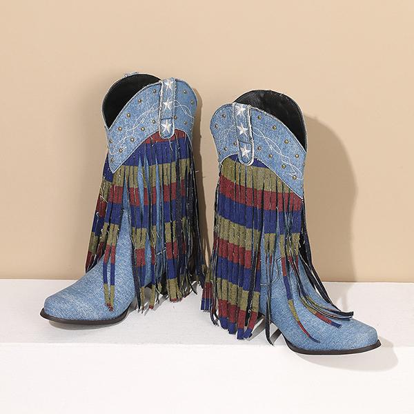 Women's Fashion Pointed Toe Tassel Rivet Cowboy Boots 20486519S