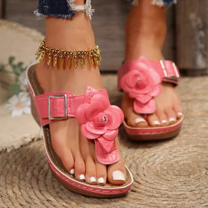 Women's Floral Belt Buckle Wedge T-Strap Sandals 96943814C
